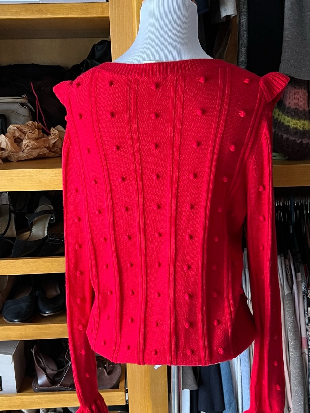 KATE SPADE NY Wool Blend Red Ruffle Popcorn-Knit Crew Sweater - Picture 5 of 7